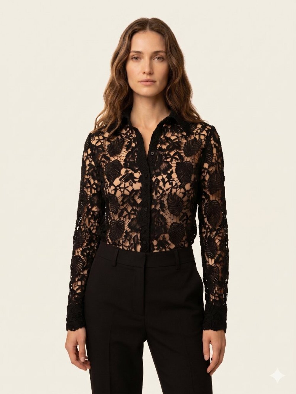 NILI LOTAN Black Guipure Lace Button Down Shirt Top Open Knit Floral Leaf Small
